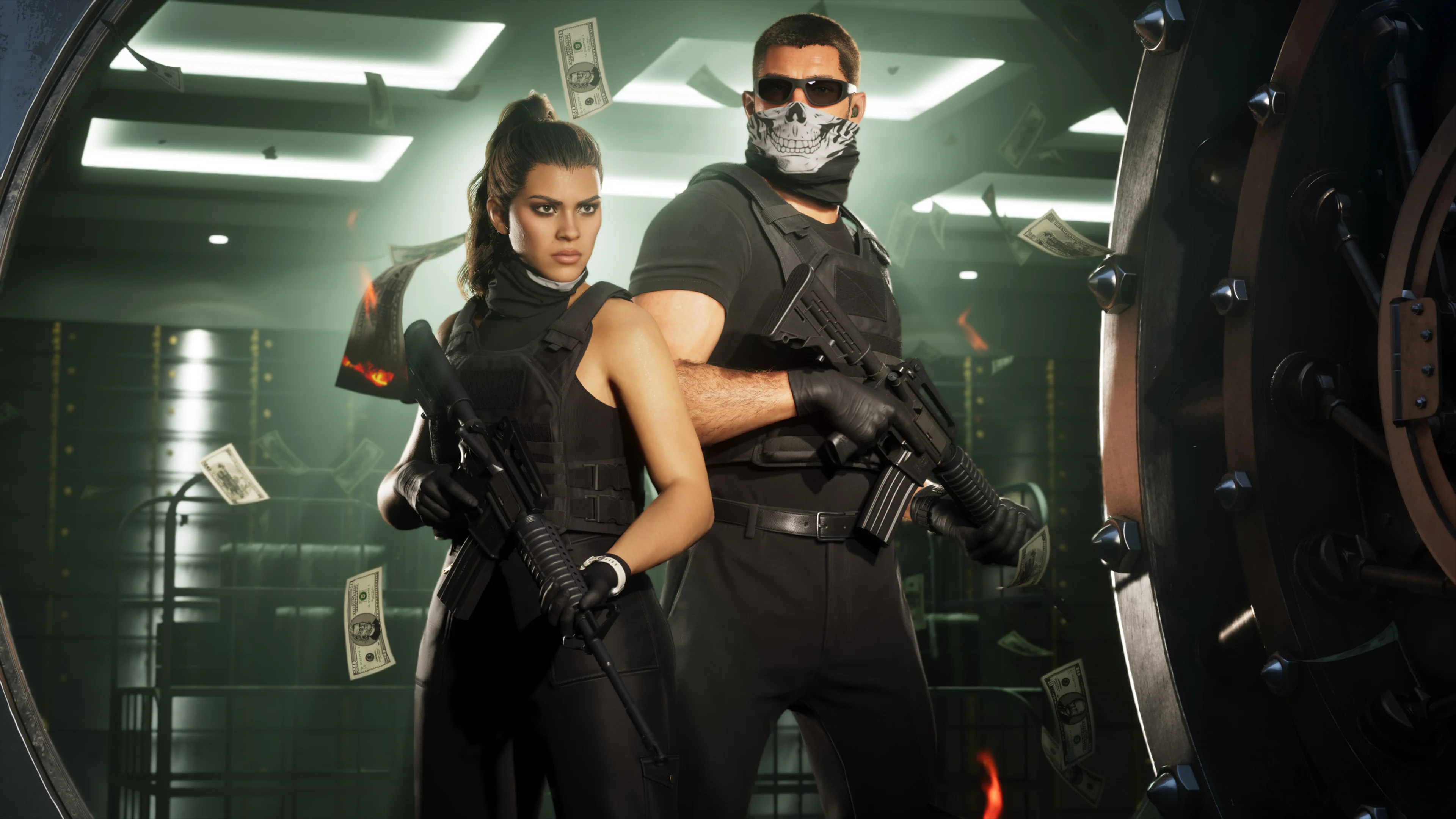 GTA 6 Heist Boosting artwork of two armed characters by a vault, one in a skull-print face covering, with cash in the air