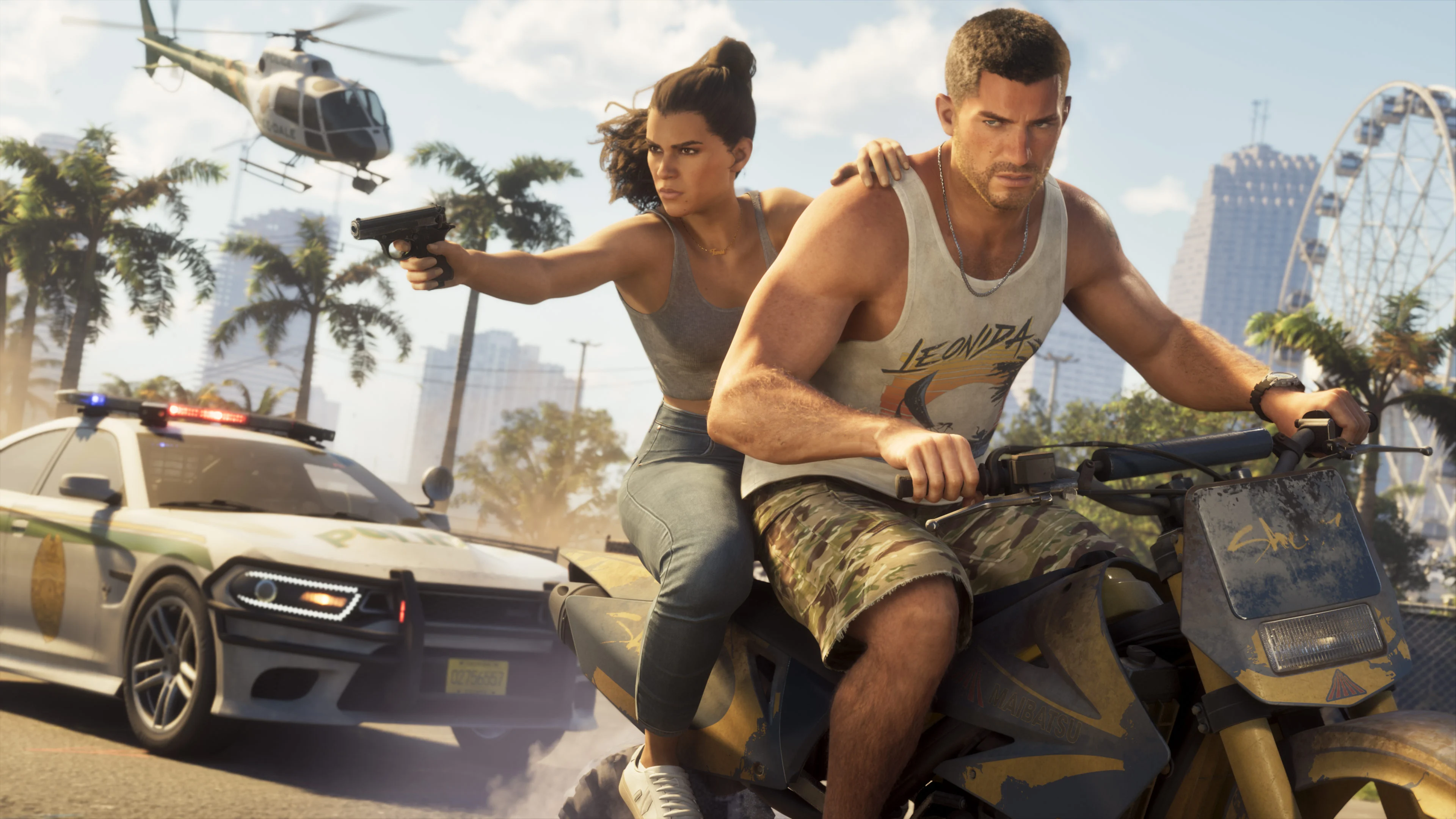 Two characters on a dirt bike near a police car, helicopter and Ferris wheel