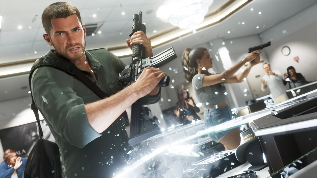 Man with a rifle and woman with a handgun beside shattered glass display cases in a jewelry shop