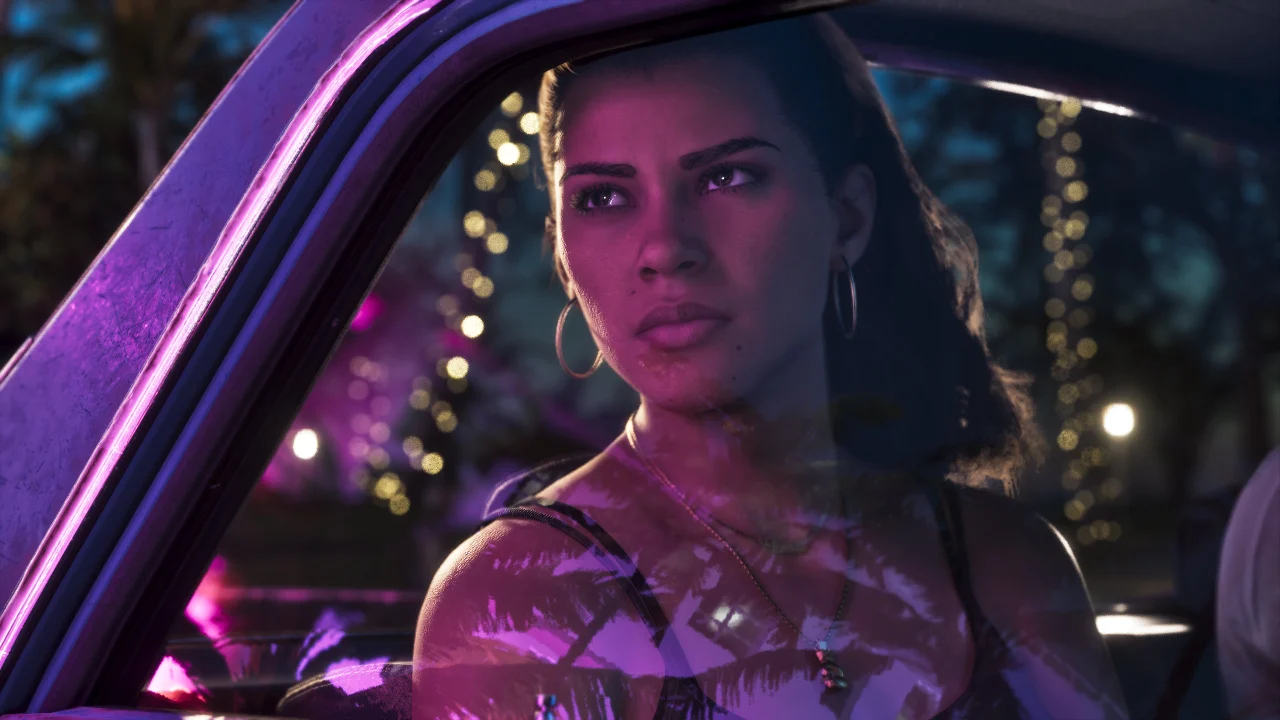 Woman with hoop earrings seated inside a car at night under purple lighting